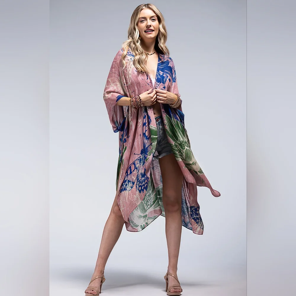 Flower Bouquet & Butterfly Print Kimono - Lightweight Silky Material - Picture 3 of 5